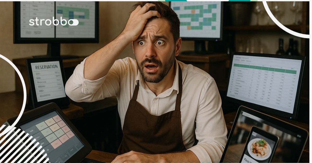 Afbeelding van een horeca uitbater die geen overzicht meer heeft over de talloze horeca software tools