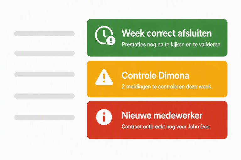 Strobbo HR Assistance dashboard met meldingen voor weekafsluiting, Dimona-controle en ontbrekende contractgegevens van medewerkers, ondersteund door Strobbo-experts voor een foutloze payrollvoorbereiding.