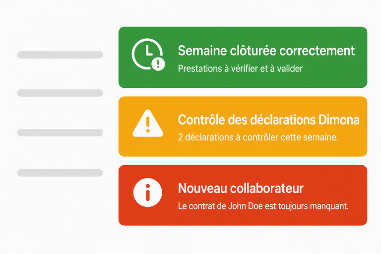 Interface Strobbo Support RH avec contrôle des prestations, vérification des déclarations Dimona et suivi des nouveaux collaborateurs.